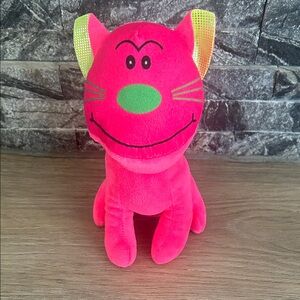 Calplush Bright‎ Pink Cat Stuffed Animal with Green Nose Accent 7”